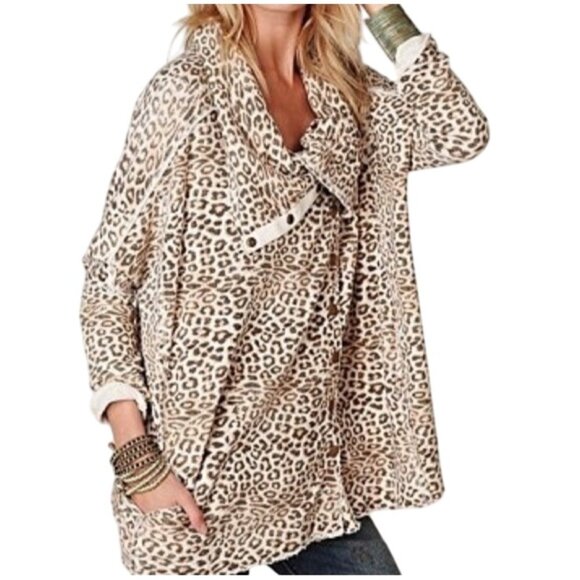 Free People-We the Free-Women S Leopard Cowl Neck Boxy Oversized Snap Shacket - Picture 1 of 13